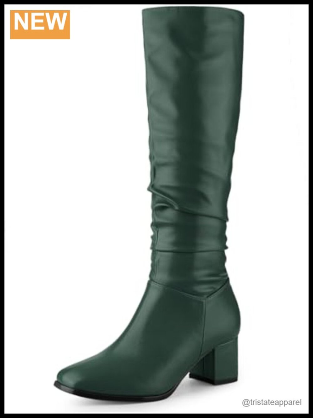 Faux Leather Knee High Slouch Dress Boots Square Toe Chunky Heel Side Zipper